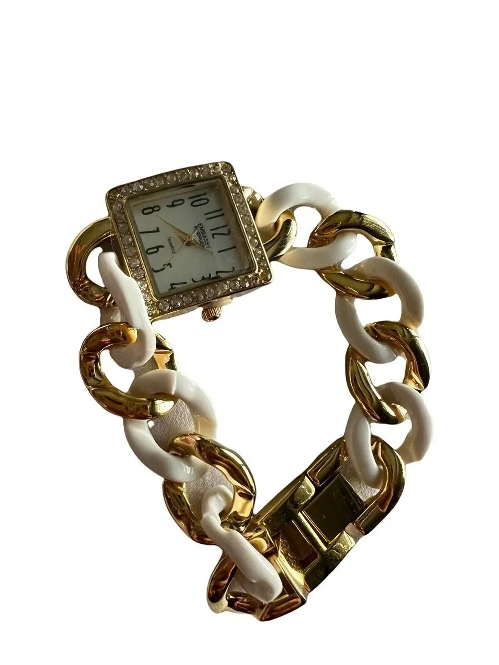 Embassy by Gruen Women's Watch Gold White Chain Link Cuff Rhinestone Square NIB